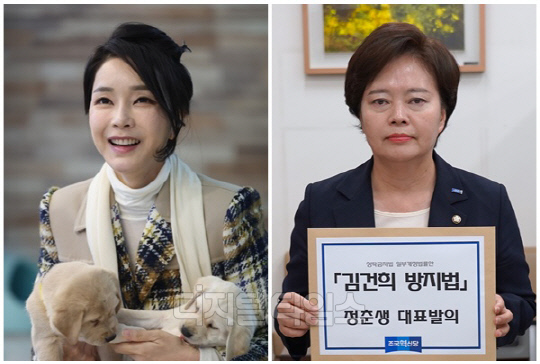 윤석열 대통령 부인 김건희 여사(왼쪽)와 정춘생 조국혁신당 의원. <디지털타임스 DB, 대통령실 제공>